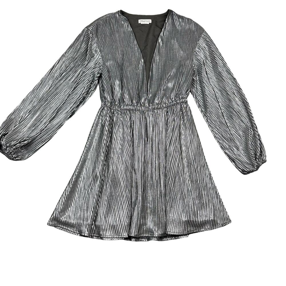 Lovers + Friends Mini Dress Womens S Silver Metallic Pleated V-Neck Long Sleeve
